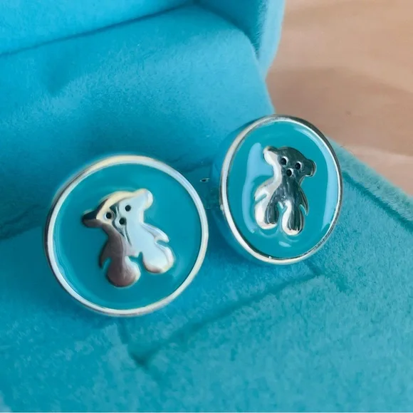 Tous Silver Turquoise Muffin Silver Bear Button Earrings - Picture 7 of 16